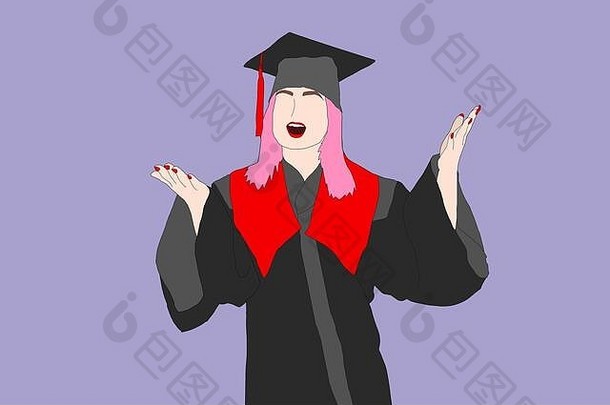 波普艺术插图，一名兴奋的年轻研究生戴着毕业帽，手拿大学文凭。概念