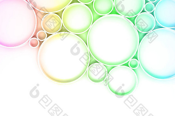 抽象数字背景图案，白色背景上有彩色圆环，明亮的渐变色调滤镜，3d插图