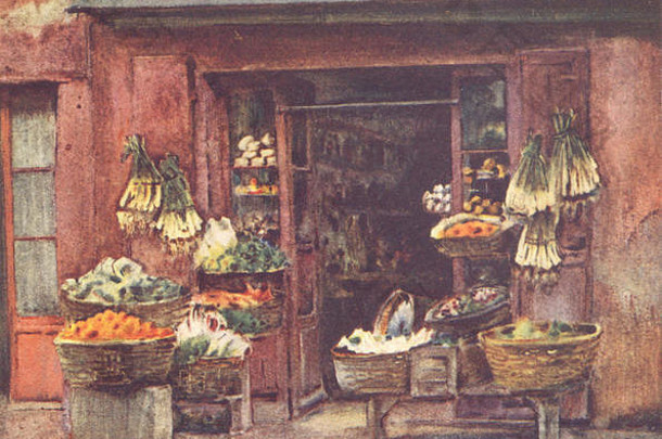 皮伦埃斯-亚特兰蒂斯：巴斯克国家：水果店，巴约讷，复古印刷品1921年