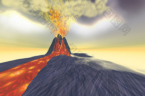火山-火山喷出熔岩、火和烟。