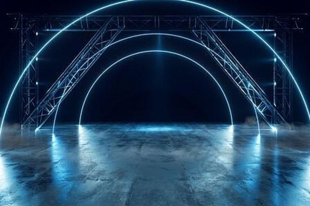 烟雾科幻未来派圆弧霓虹激光潘通蓝色现代外星人时尚舞蹈俱乐部展厅走廊隧道走廊混凝土网络虚拟3D