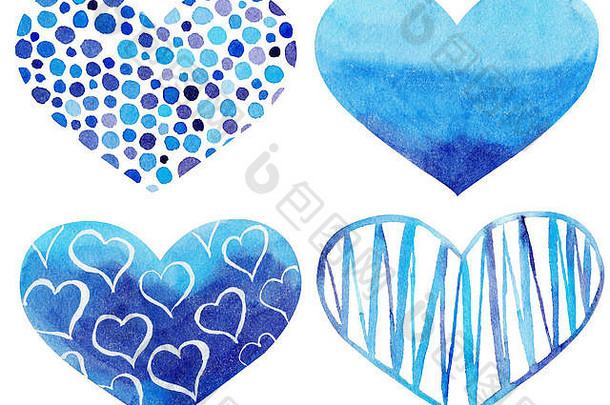 集水彩手画蓝色的心象征爱孤立的对象完美的情人节一天邀请浪漫的帖子卡片