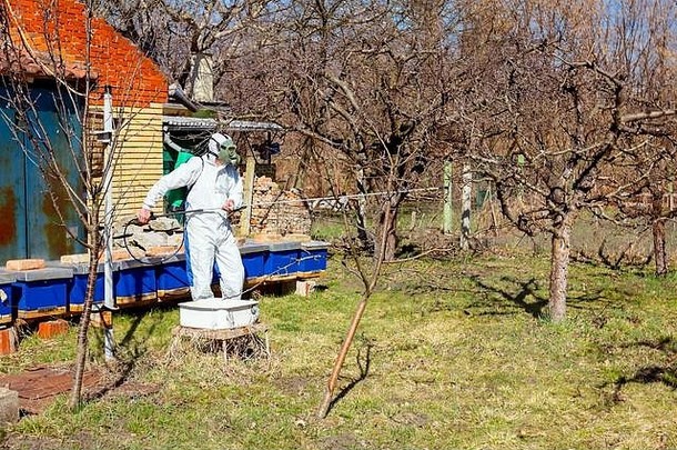 穿着防护服和防毒面具的农民在果园里用长喷雾器喷洒果树，用化学物<strong>质保</strong>护果树免受真菌病或病毒的侵害