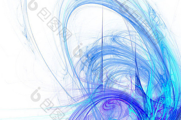 数字渲染白色背景上的抽象蓝色能量波分形。