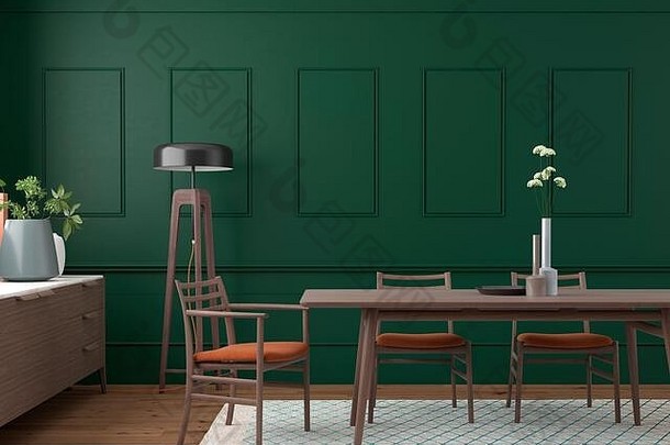 优雅现代的餐厅室内设计背景，深绿色墙壁，木制桌椅，3d渲染