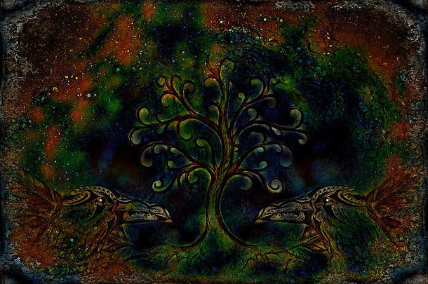 一对象征生命之树的乌鸦。