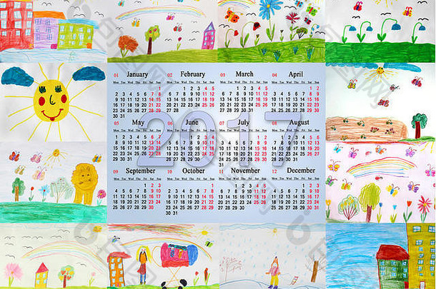 2017年美丽的日历，每个月都有不同的儿童画