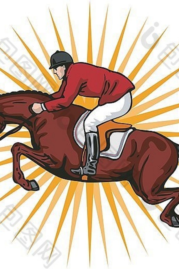 复古风格的马和骑师马术表演跳跃插图。