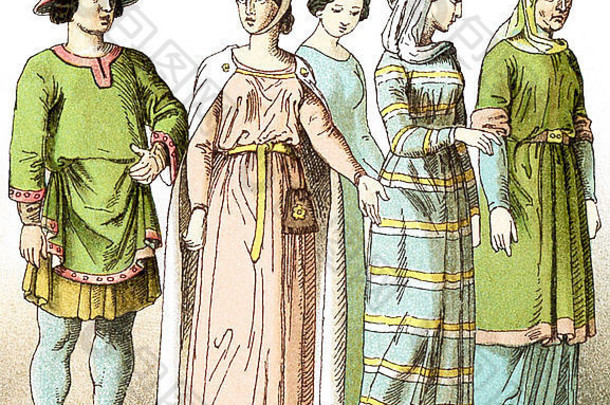 这些数字代表了公元1100年左右的法国人。他们从左到右依次是：一个有地位的男人和四个有地位的女人。