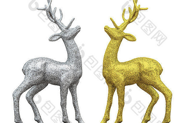 白色背景上隔离的银色和金色圣诞鹿