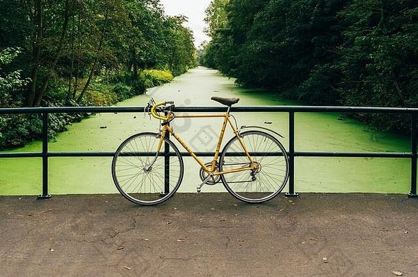 靠在桥上的老式黄色赛车。绿意盎然的运河，树木，宁静<strong>祥和</strong>的背景