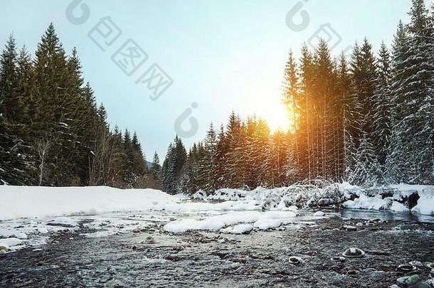早晨，太阳从冬河附近的树木上升起，部分地区被冰雪覆盖