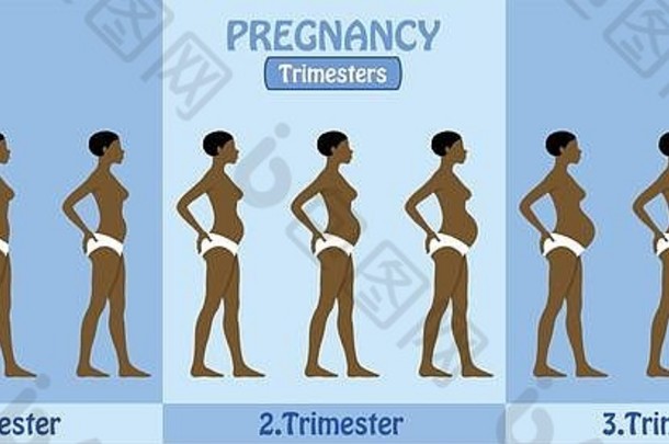 穿着裤子的非洲孕妇怀孕三个月。所有对象和主体阶段都位于不同的层中，文本类型不需要任何层次