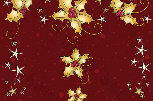 一张金色冬青贺卡的插图，在勃艮第背景上有星星和红色浆果