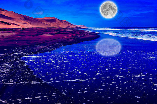 晚上天空云大完整的月亮晚上桑迪海滩沙丘海洋背景晚上反映三明治港口鲸鱼湾