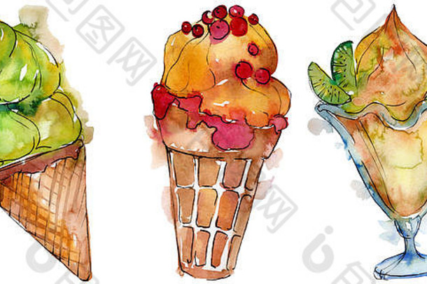 水彩画风格的美味冰淇淋。Aquarelle甜点插图套装。独立甜点背景元素。