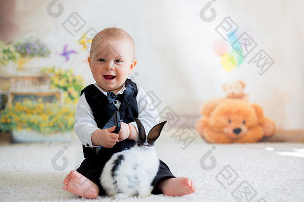 可爱的蹒跚学步的男孩穿着聪明的休闲玩黑色的白色兔子首页
