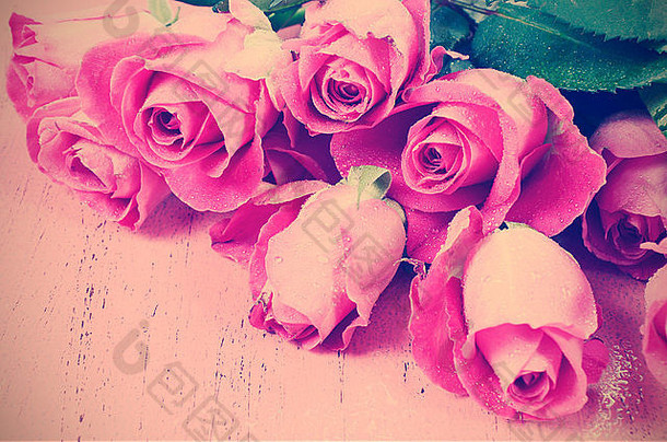 情人节快乐复古风格粉红玫瑰粉红木背景。