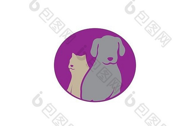 猫旁边的狗一个友好的宠物家庭标志设计插图