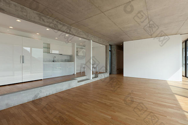 室内，混凝土公寓的现代厨房，拼花地板