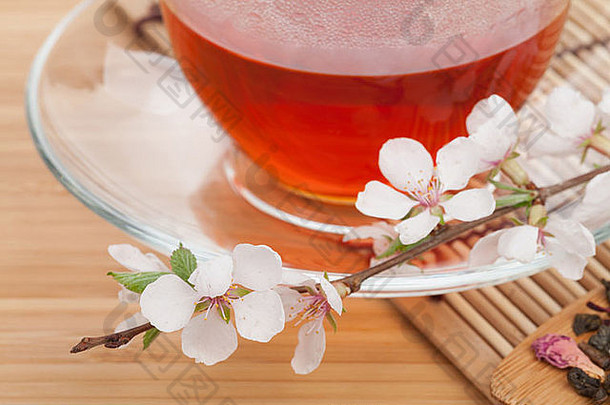 日本绿茶和樱花枝放在垫子和竹桌上。聚焦前花