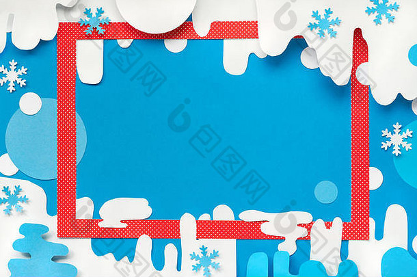 圣诞节纸背景蓝色的红色的白色前视图红色的框架摘要冬天背景雪花