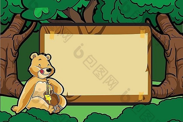 森林里挂着木横幅的蜜熊