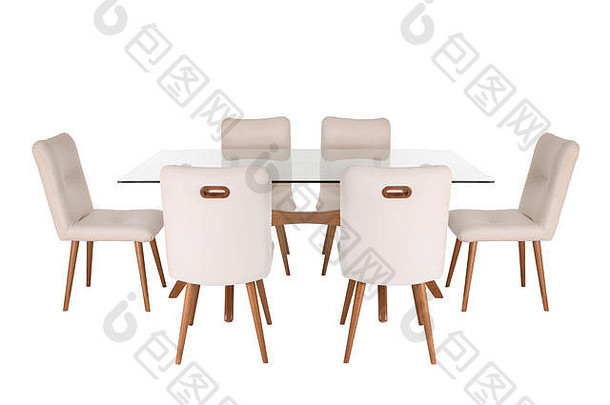 白色背景上的桌子和四把椅子。