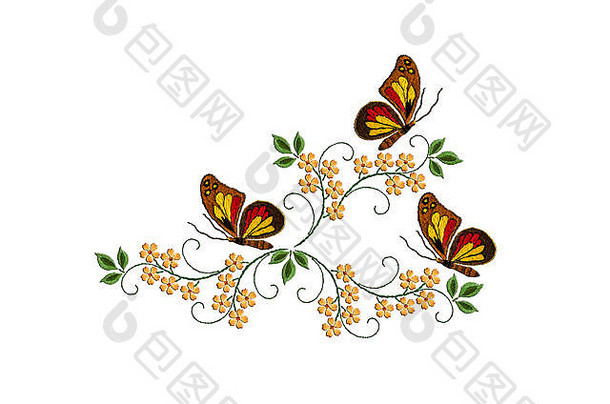 模式刺绣蝴蝶扭曲的茎叶子黄色的花白色背景