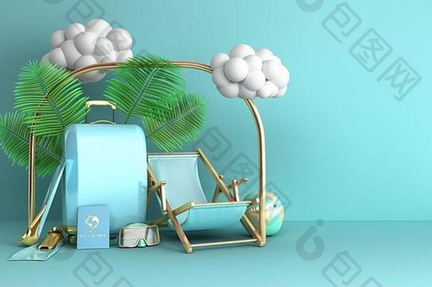 用于空间3d渲染的淡蓝色背景上的最小简单旅行背景假期和飞机旅行概念