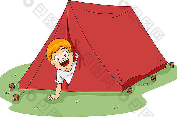 一个男孩从帐篷里偷看的插图