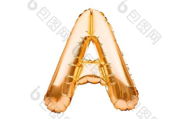 字母A由隔离在白色上的金色充气氦气球制成。金箔气球字体全字母大写字母集的一部分