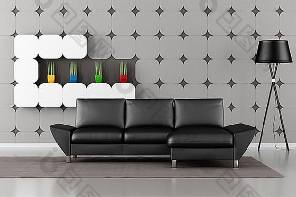 现代生活房间黑色的沙发石膏面板墙呈现