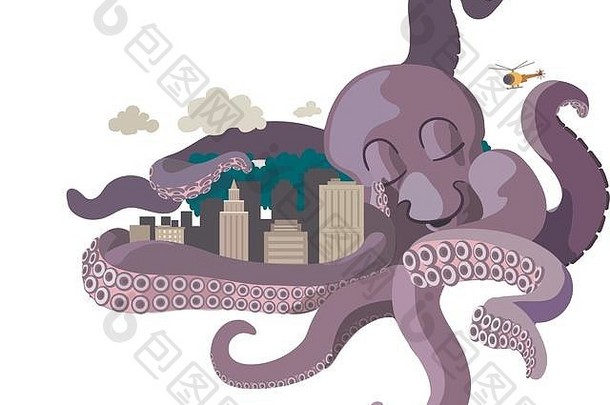 一只巨大的章鱼拥抱着一座城市，当一架喷气式客机飞过，一架直升机注视着，一艘小船在海浪中颠簸时，这只章鱼了汹涌的海水