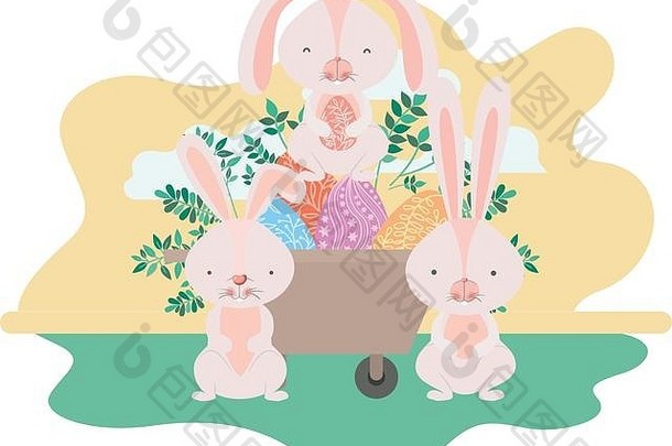 带复活节彩蛋图标的风景画上的兔子