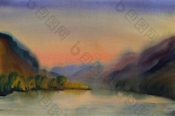 水彩绘画景观日落山湖
