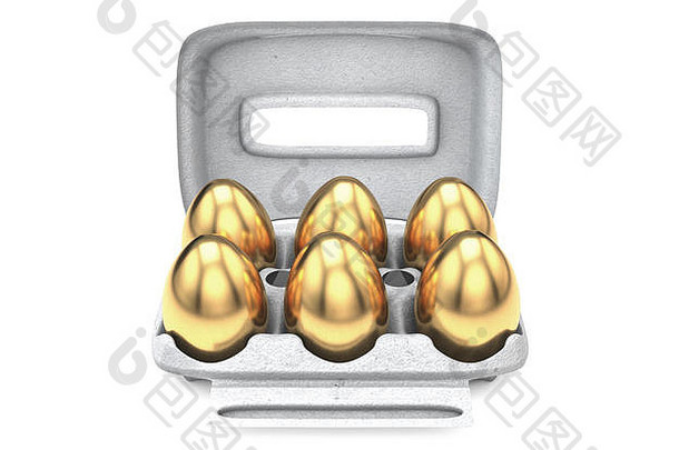 在一个孤立的白色工作室背景上，在一个普通的纸板鸡蛋盒中收集了六个金蛋-3D渲染，