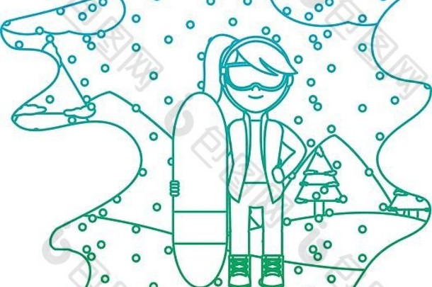 退化行女孩滑雪董事会冬天天气