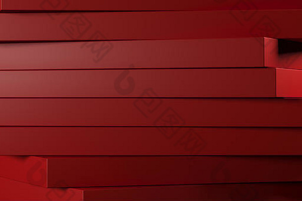 干净的红色抽象堆叠框特写高对比度。三维渲染