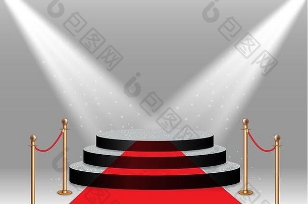 色彩斑斓的照亮讲台上奖表演照亮明亮的聚光灯红色的地毯现实的金障碍击剑