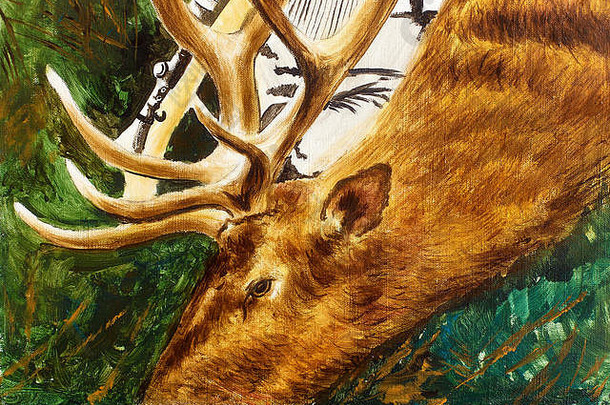 以鹿角和猎人为背景的鹿油画素描。
