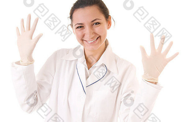微笑医生保护手套孤立的白色背景