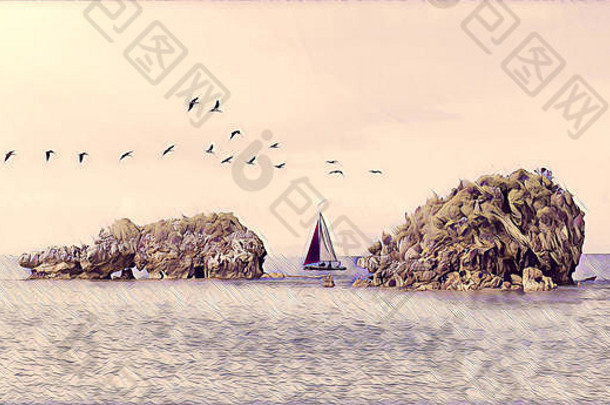 两块岩石之间的帆船和天空中的鸟群-风格化插图