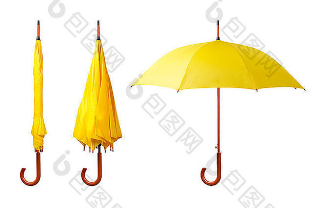 白色背景上隔离的一套黄色雨伞