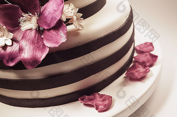 婚礼或生日蛋糕的细节，三倍大小，白色背景的工作室。以紫糖花为主要装饰。