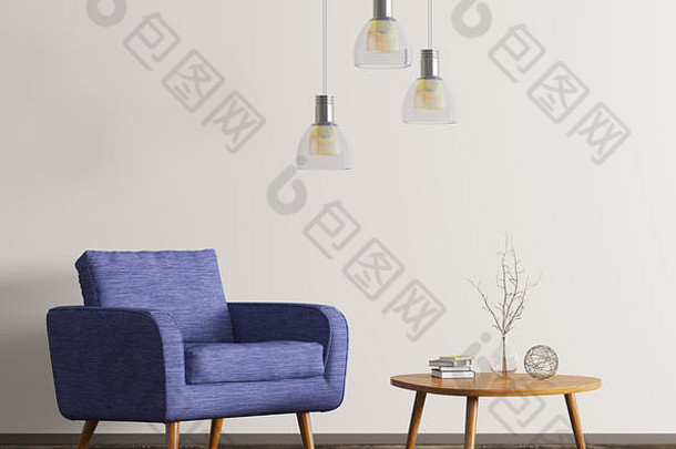 室内生活房间木咖啡表格蓝色的扶手椅呈现