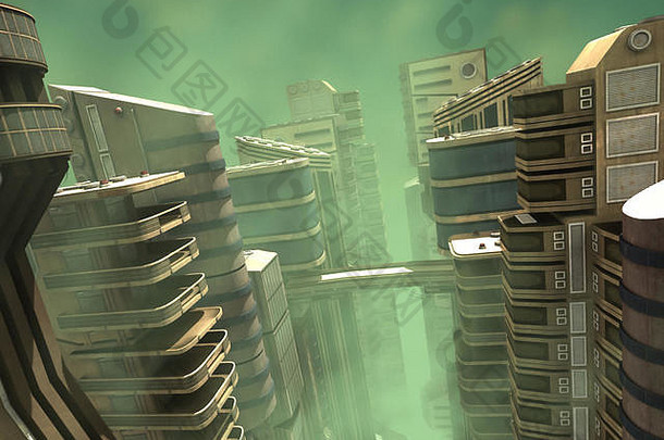 绿色雾中未来城市的3D插图