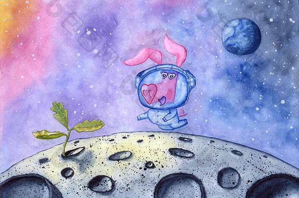有着心形鼻子的有趣的猪在外太空飞行。小猪在月球上找到了新的生命——小橡树芽，手绘，水彩画。概念-光盘