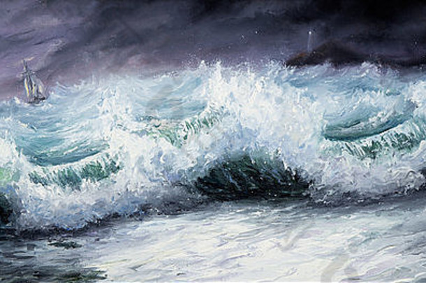 油画原作，在画布上展示海洋或海洋中的巨大风暴。现代印象派、现代主义、马林主义