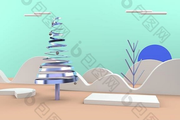 3D圣诞明信片景观。圣诞快乐概念。三维插图